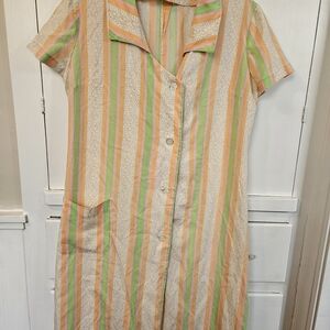 Striped Button-Up Dress with Collar Vintage 50s Or 60s Handmade Day Dress